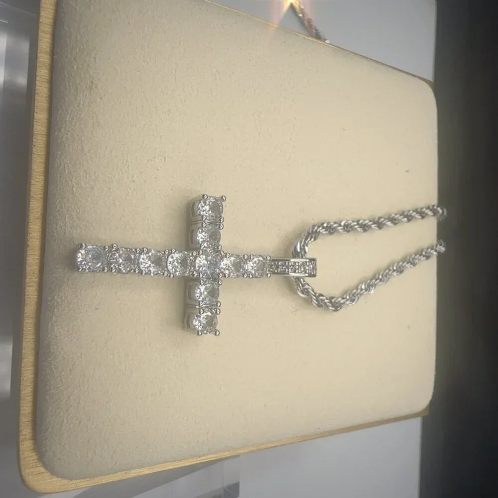 Cubic Zirconia Cross Pendant Necklace Stainless Steel Silver